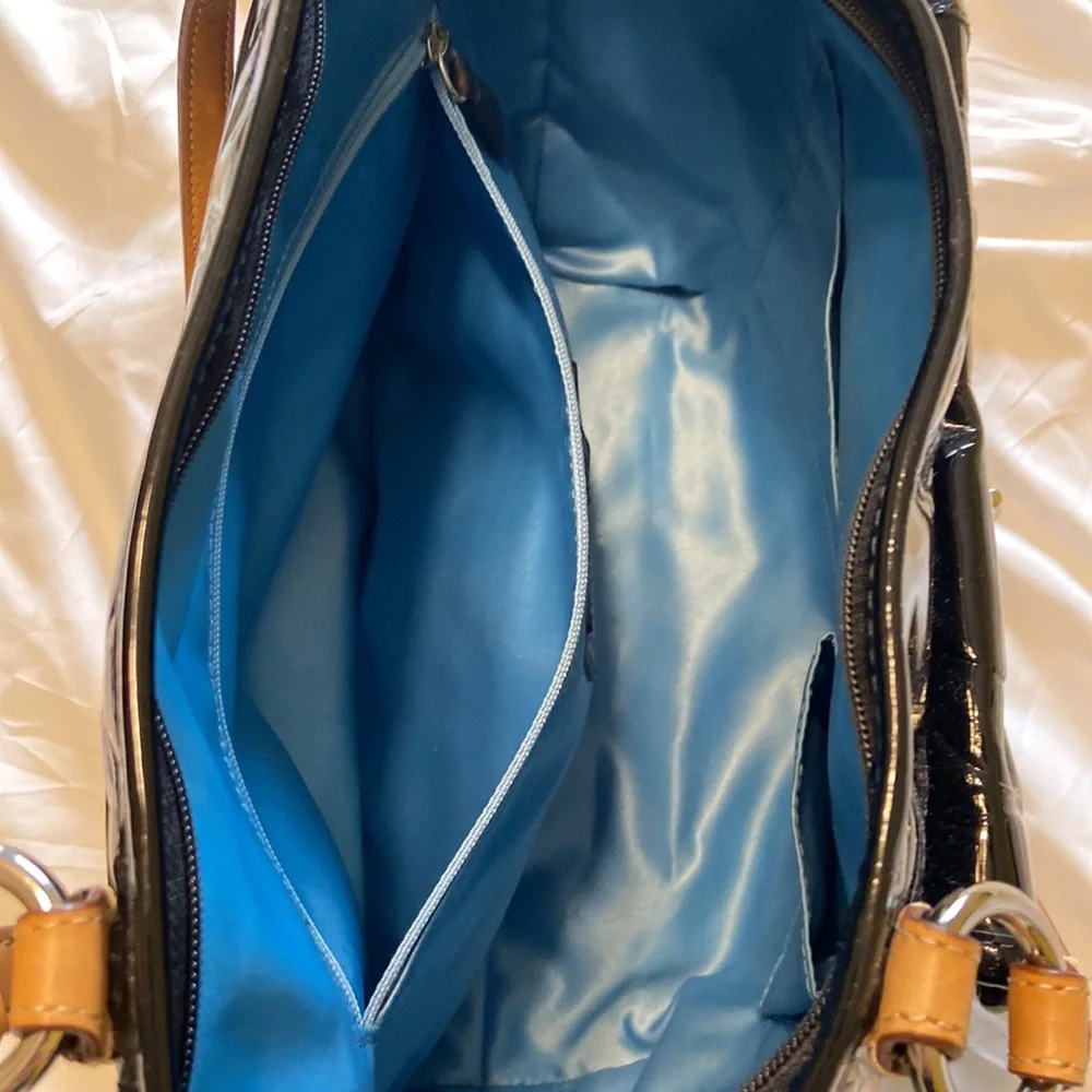 Coach Black Patent Leather Tote Bag Large Signature C Embossed Tan Strap EUC - Picture 10 of 17